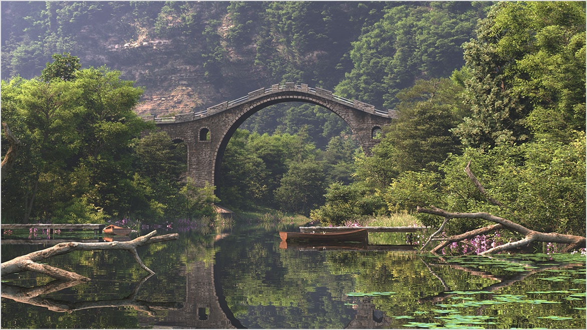 3D design of a bridge over a river in a forest created with Autodesk 3ds Max