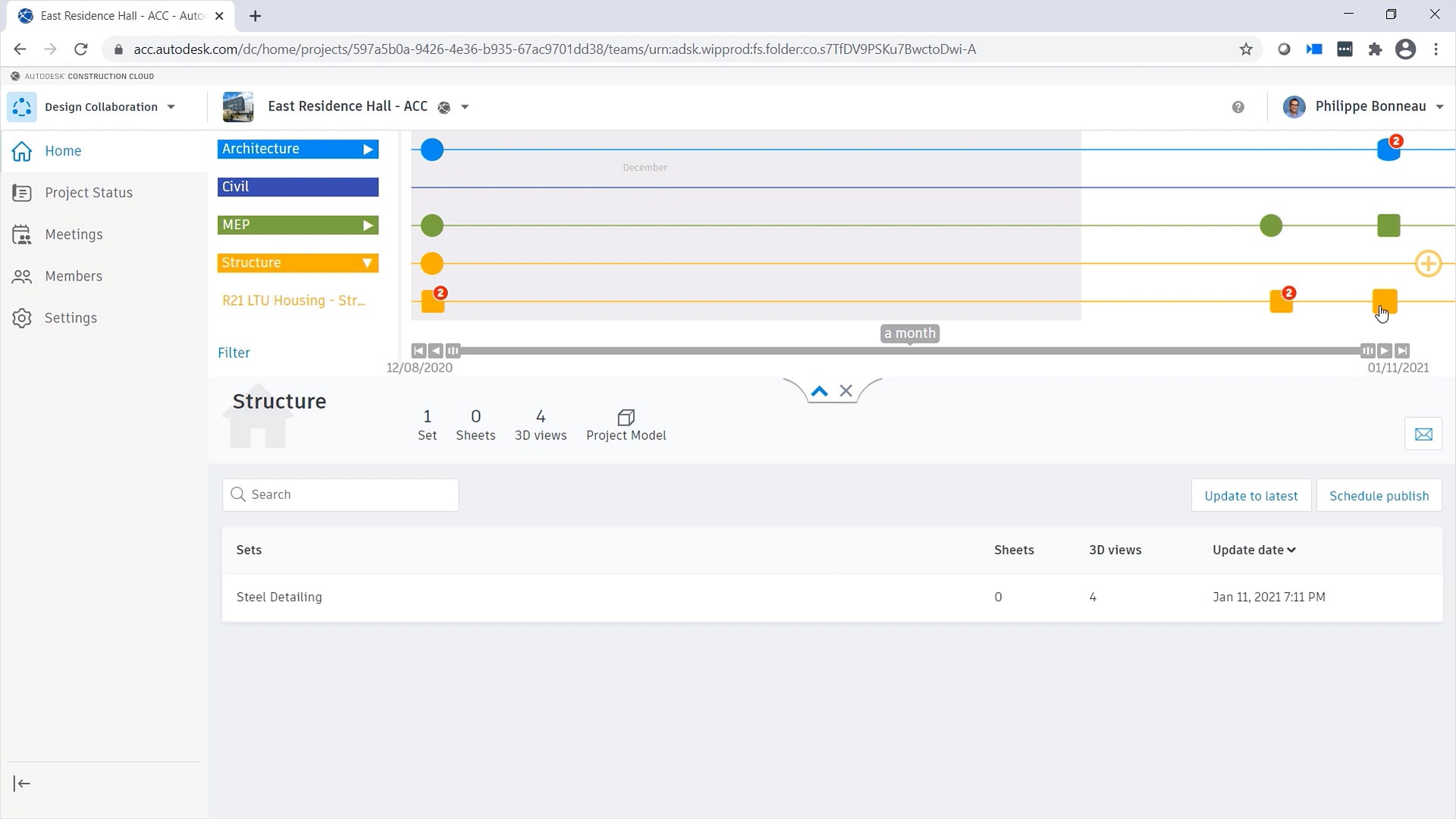 Project timeline in the Design Collaboration module of BIM Collaborate Pro