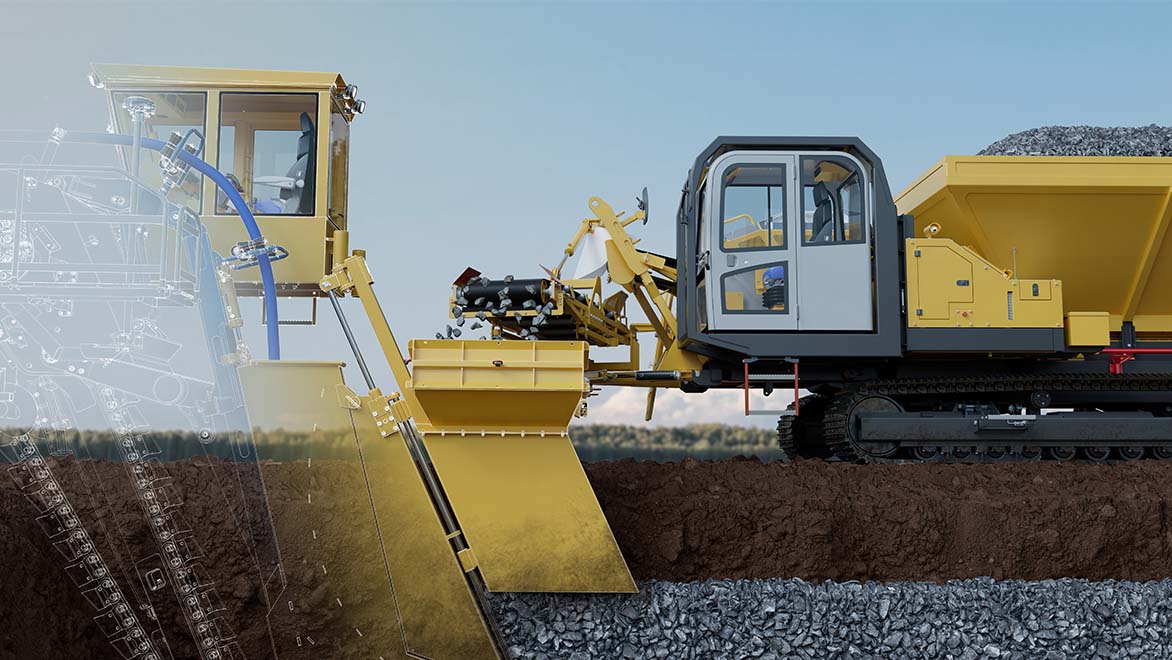 Rendering of trencher with wireframe and solid geometry digging in soil cutout