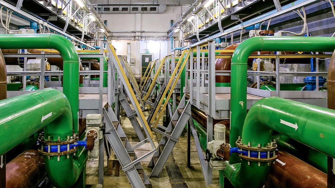 Interior view of a modern wastewater treatment plant